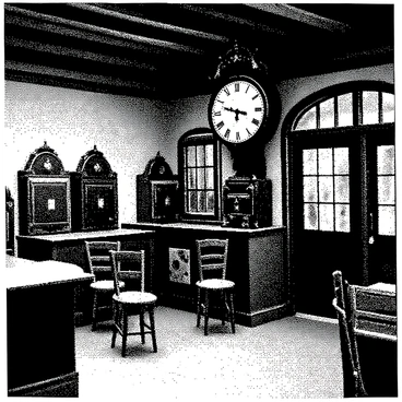 A dusty Wild West bank interior features wooden beams and aged walls. There are several hidden safes embedded within the walls, their metal surfaces showing signs of rust. A large, ornate ticking clock hangs prominently on one wall, its hands approaching the hour. Dust motes float in the air, illuminated by light filtering through grimy windows. Old-fashioned wooden counters and chairs are scattered around the space, adding to the authentic atmosphere of the era.