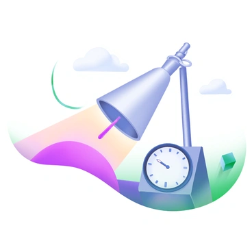 A modern pastel illustration featuring a large pendulum swinging widely to the left. The pendulum is metallic with a polished surface, reflecting light. The background consists of soft pastel colors, creating a calming atmosphere. Below the pendulum, there is a minimalist pendulum clock, with the time displayed as "3:00". The pendulum's arc is clearly visible, indicating its wide swing, and a few wispy clouds add depth to the scene.