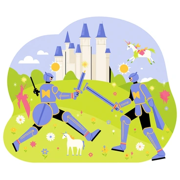 A fantasy battle scene featuring several knights in shining armor wielding swords and shields. Two knights are engaged in combat, with swords clashing and sparks flying. In the background, magical creatures such as a dragon soaring through the sky and a unicorn charging forward can be seen. The landscape is vibrant, with lush green hills, colorful flowers, and a bright blue sky dotted with fluffy white clouds. Bright bursts of magic are visible as spells are cast by the knights, illuminating the scene with vivid colors. A large castle stands majestically in the distance, completing the epic atmosphere of the battle.