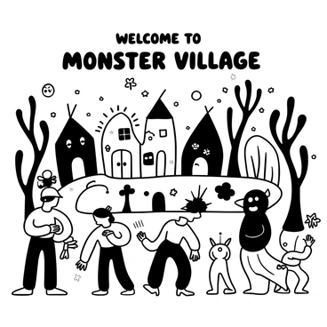 A village setting filled with various friendly monsters exhibiting unique and quirky designs. There are tall, spindly creatures with elongated limbs and oversized heads walking around. Some monsters have round bodies with soft features, while others possess jagged spikes and colorful patterns. In the center of the village, there is a large communal space with whimsical houses, each shaped differently, surrounded by trees with exaggerated, twisty branches. Some monsters are engaged in playful activities, like playing games or sharing food. Words "Welcome to Monster Village" are prominently displayed above the scene.