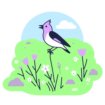 A lark is perched on a tall blade of grass in a sunny meadow. The bird has a slender body and a distinct crest on its head, with its beak open as it sings. Surrounding the lark, there are various wildflowers in full bloom, adding a lively touch to the scene. The meadow stretches out with patches of green grass and a few scattered stones. In the background, gentle hills rise under a clear blue sky, adding depth to the landscape.