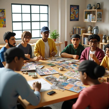 A group of hobbyists engaged in trading collectibles at a local hobby club meeting. The scene showcases a variety of collectibles spread across tables, including vintage comic books, rare coins, and action figures. Several attendees are in animated discussion, examining items closely and exchanging information. Each person has a distinct appearance: one is wearing a baseball cap and glasses, another has a colorful sweater and a friendly smile. The room is filled with posters related to different hobbies, and there are shelves displaying more collectibles in the background. Natural light filters through the windows, illuminating the atmosphere of camaraderie and excitement.