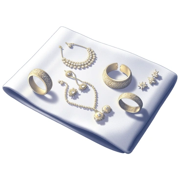 A selection of intricate golden jewelry pieces arranged elegantly on a soft cloth. Each piece showcases fine craftsmanship, including ornate necklaces with elaborate pendants, delicate bangles with intricate engravings, and sparkling earrings adorned with gemstones. The arrangement features a symmetrical layout, with larger items centered and smaller accessories surrounding them. The lighting highlights the luster of the gold and the unique designs of each piece, creating a luxurious appearance.