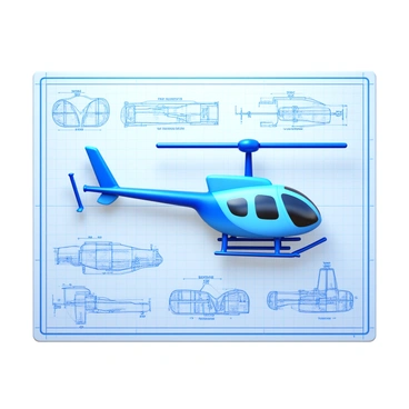Old-fashioned blueprints of a helicopter featuring intricate outlines of each component. The blueprints display various parts such as the rotor blades, fuselage, tail section, and landing gear, all meticulously labeled. The technical drawings include measurement scales and annotations, creating a comprehensive technical representation. The background features a subtle grid pattern that enhances the blueprint aesthetic.