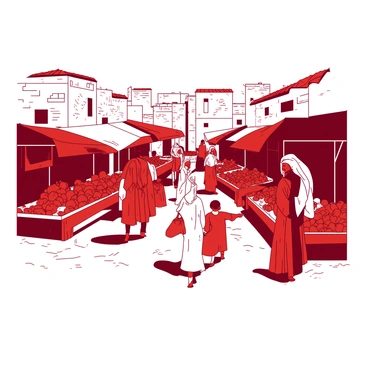 A red marketplace in ancient Bethlehem is filled with various vendors selling their goods. Stalls with colorful fabrics are set up along the paths, with fruits and vegetables displayed prominently. Townspeople, dressed in traditional robes, are interacting with the vendors, some exchanging items while others are deep in conversation. The lively atmosphere is enhanced by children running around and the sounds of bartering in the air. In the background, stone buildings with terracotta roofs frame the scene, completing the vibrant essence of the marketplace.