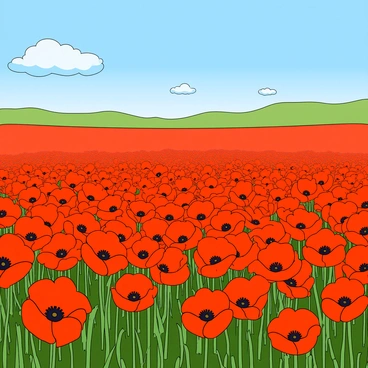 A vast field stretches across the scene, filled with vibrant red poppies that sway gently in the breeze. The flowers are in full bloom, showcasing their delicate petals and dark centers. Green grass peeks through, adding a lush contrast to the bright blooms. The sky above is a crisp blue with a few fluffy white clouds scattered throughout. A distant line of hills adds depth to the background, completing the picturesque setting. The sunlight casts a warm glow over the entire landscape, highlighting the beauty of the flowers.