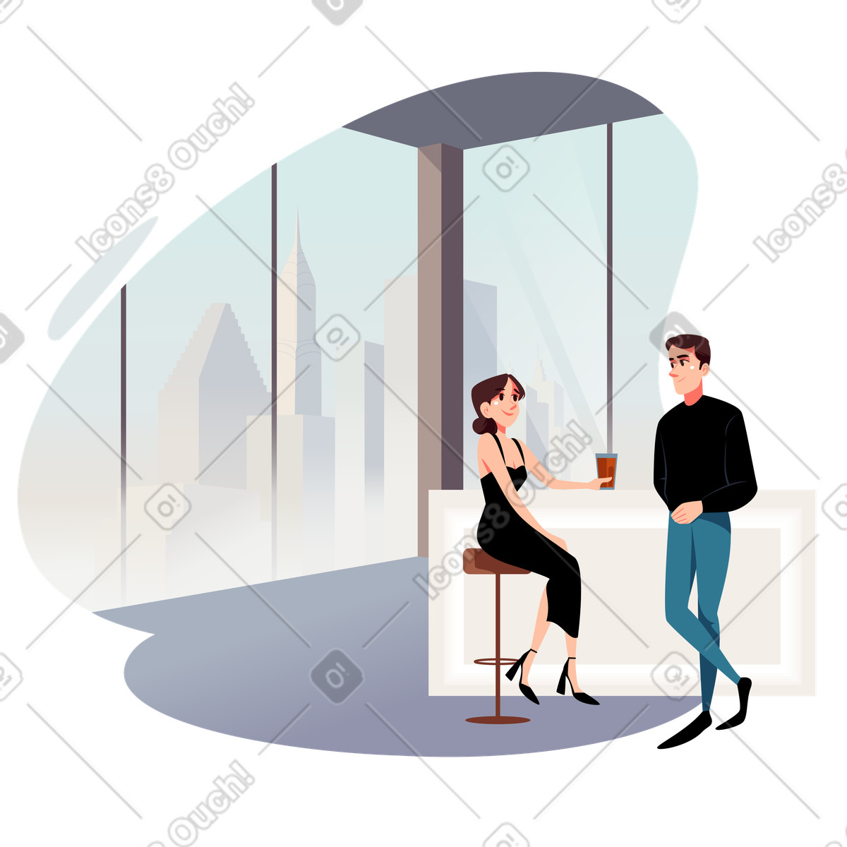 Junges paar steht hinter der bar in einem restaurant mit blick auf die stadt-Illustration im Vivid-Stil als Download PNG, SVG