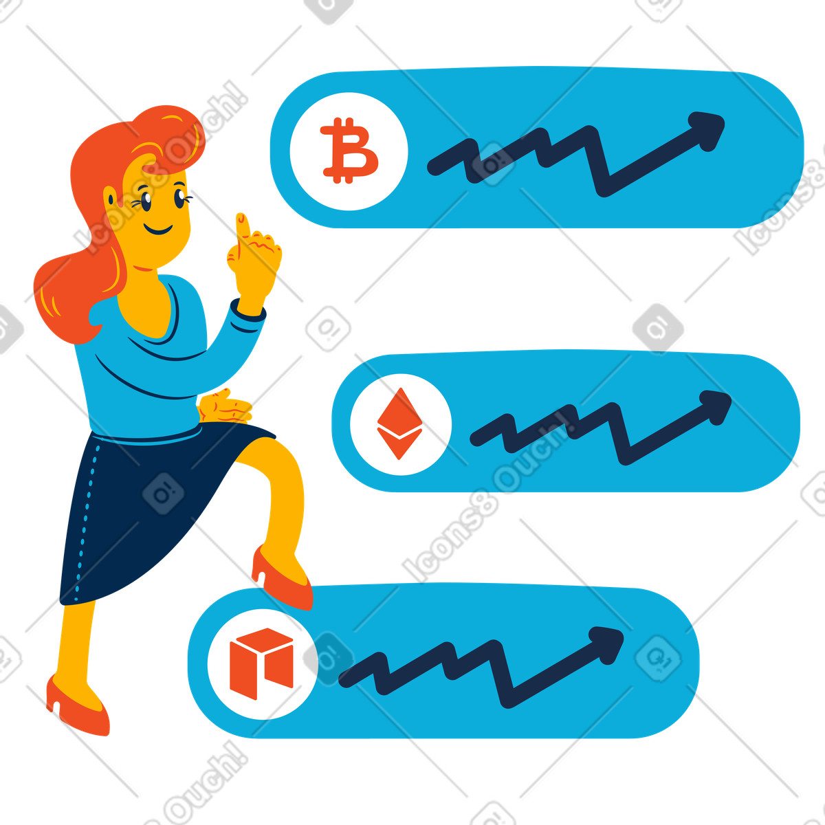 Investor with a diverse crypto portfolio illustration in Flame style download in PNG, SVG