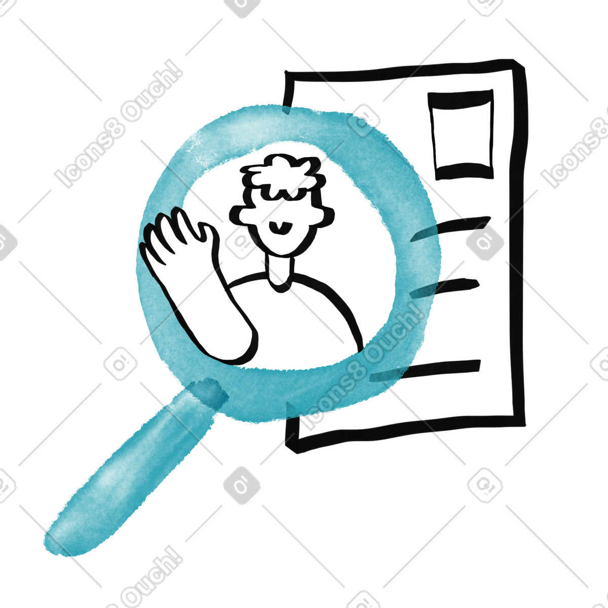 Watercolor sketch スタイルの Magnifying glass inspecting candidate resume for recruitment and talent search のイラストをPNG、SVG形式でダウンロード