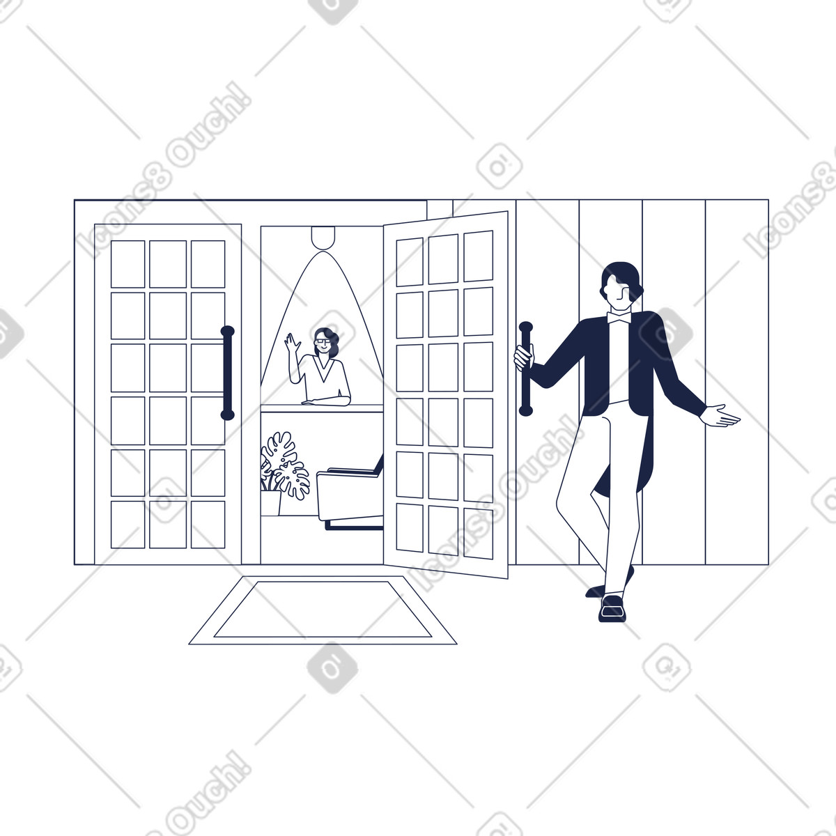 Illustration Porter and receptionist greeting at hotel entrance, check-in guest arrival dans le style Urban Line à télécharger aux formats PNG, SVG