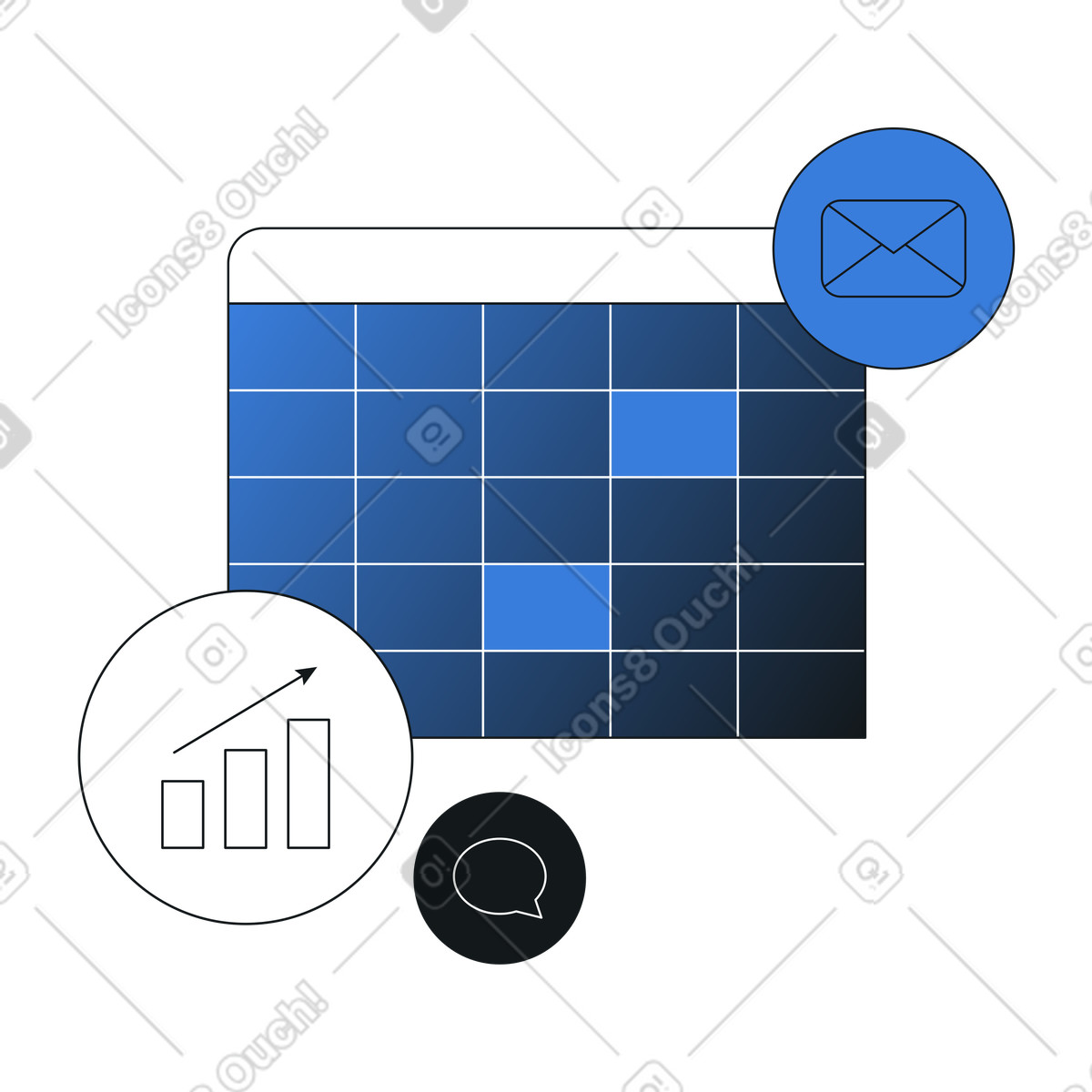 Calendar grid and message icons, Business planning and scheduling illustration in Midnight style download in PNG, SVG