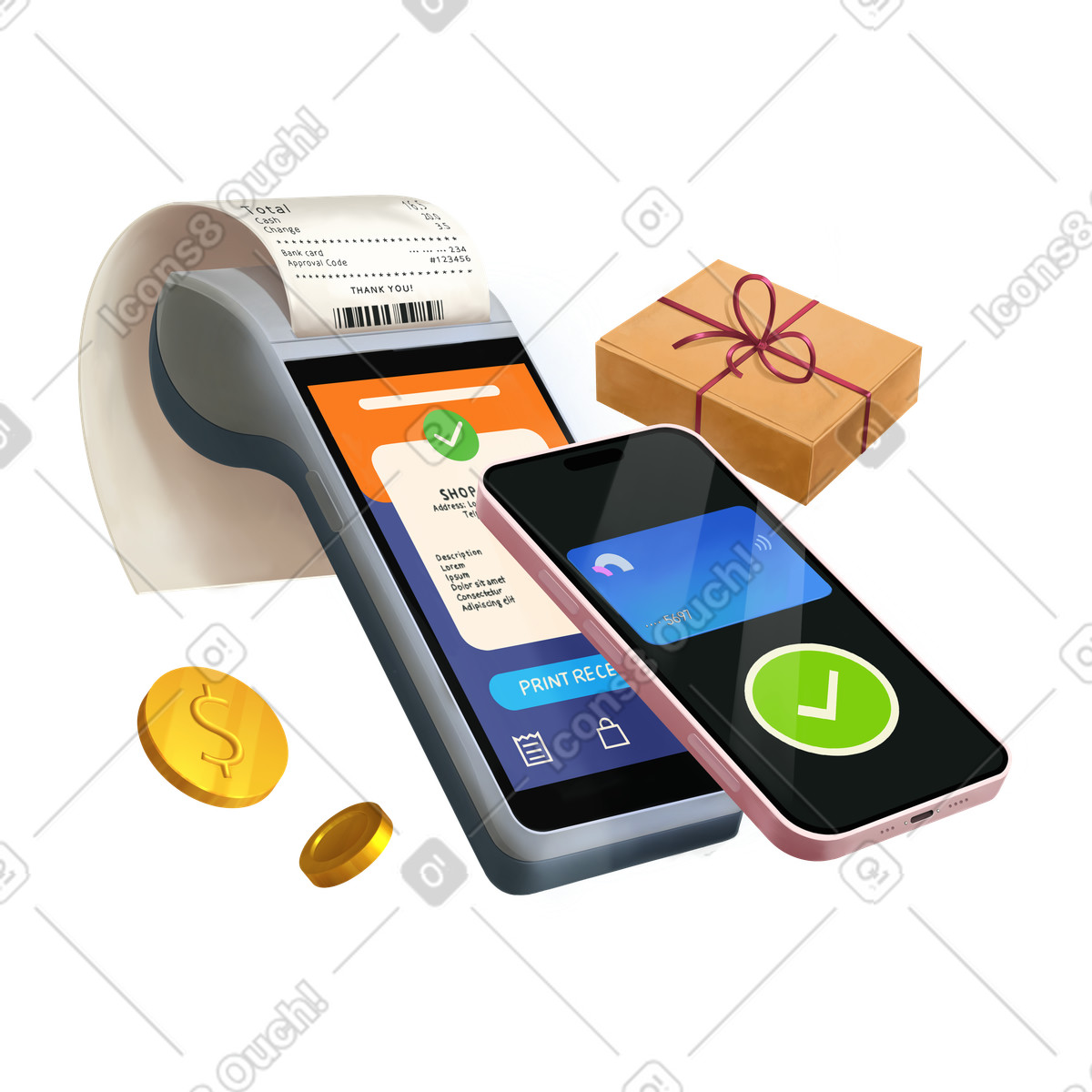 Ilustración Pagos sin contacto con teléfono inteligente y terminal pos en estilo Props a descargar en PNG SVG