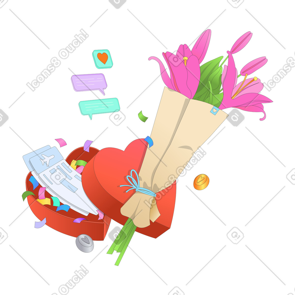Ilustración Regalos de flores y entradas para san valentín. en estilo Kit a descargar en PNG SVG