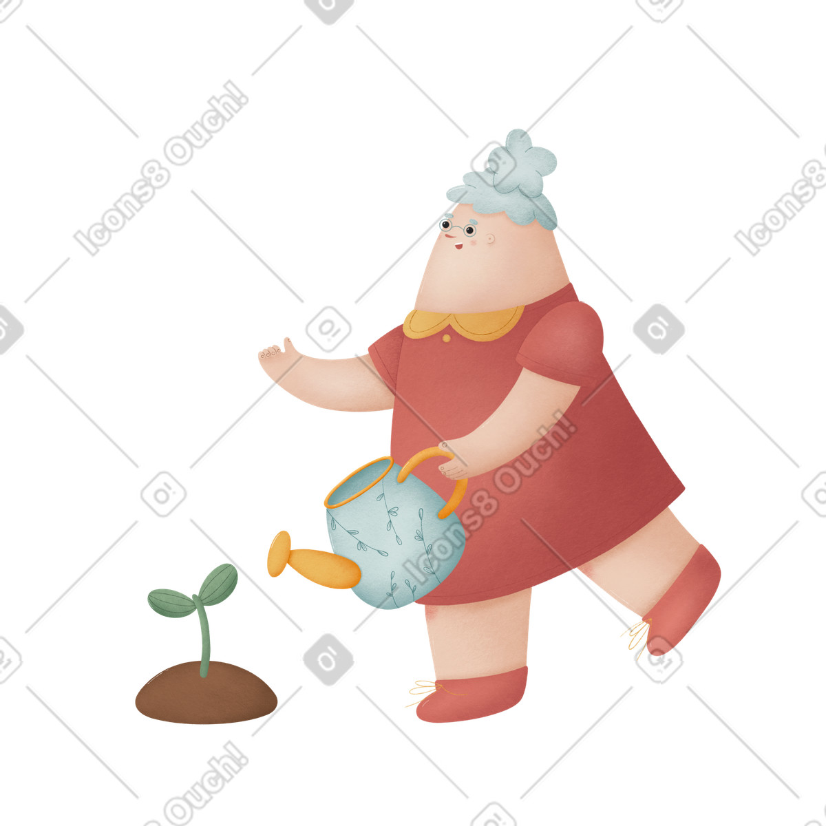 Old woman watering the plant illustration in Woolly style download in PNG, SVG