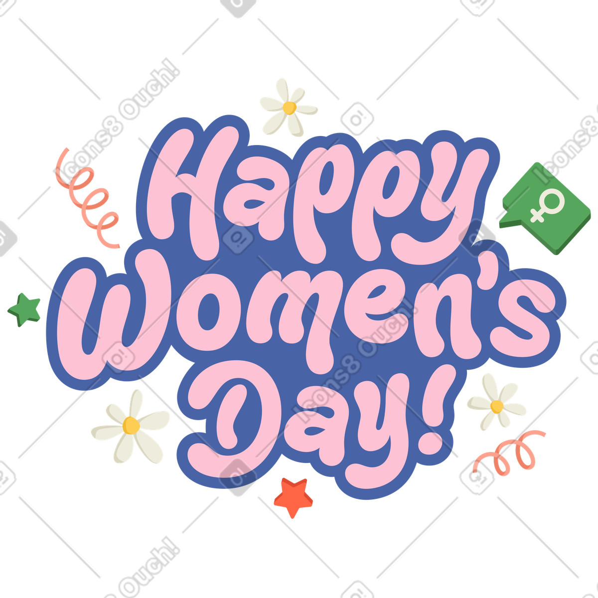 Happy Women's Day lettering with flowers and confetti, Holiday greeting card-Illustration im Social-Stil als Download in PNG, SVG
