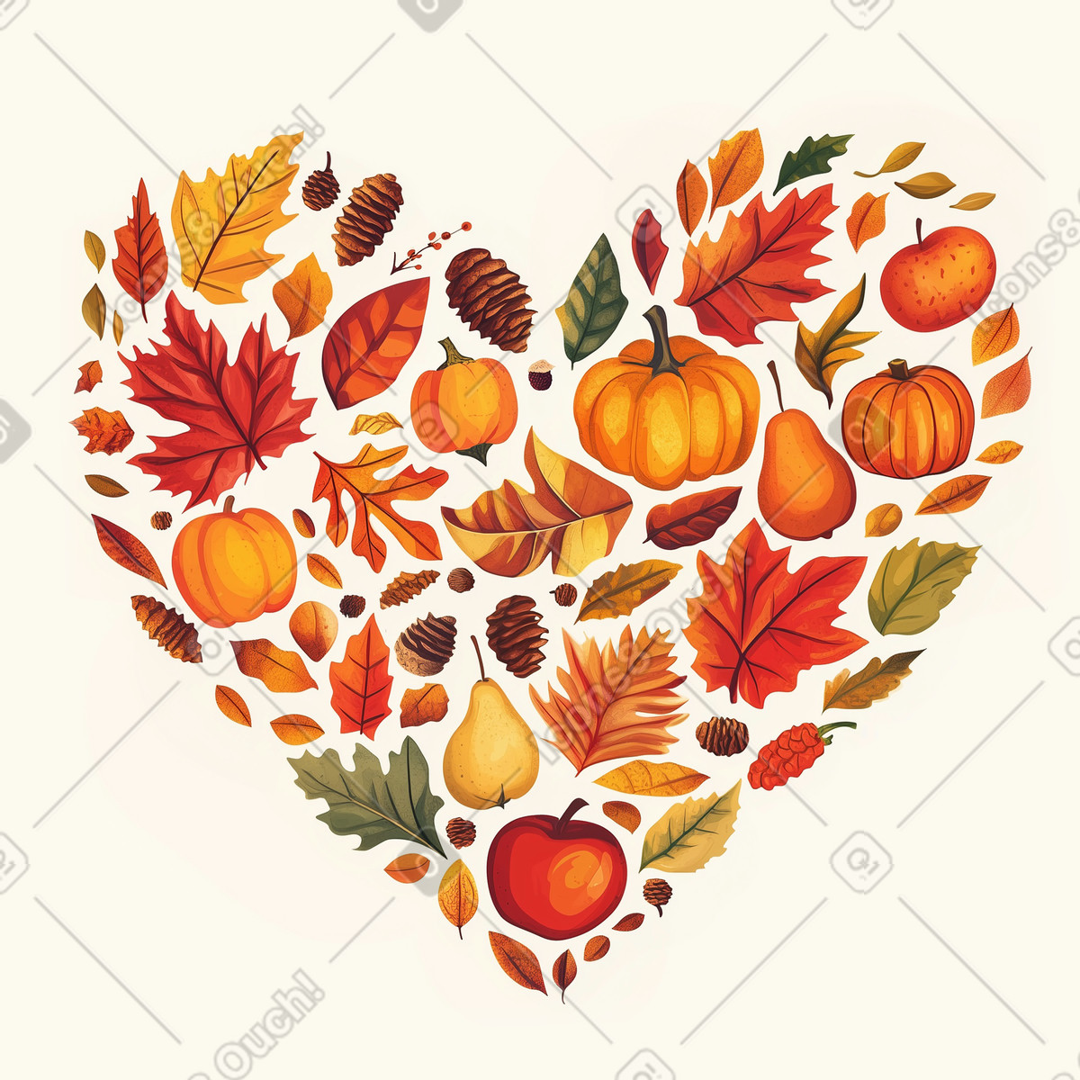 下载 Postcards 风格的 Heart with pumpkins, apples, pears and autumn leaves 插画，支持 PNG、SVG 格式
