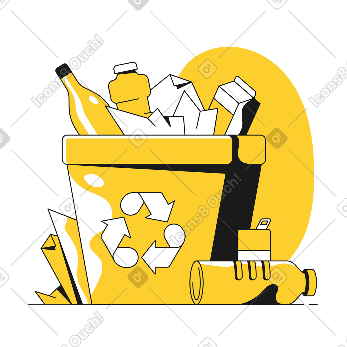 Illustration Panier de recyclage avec bouteilles en carton, plastique et verre dans le style Taxi à télécharger aux formats PNG, SVG