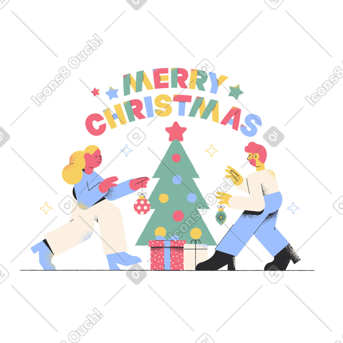 Ilustración Letras de feliz navidad con gente decorando el árbol en estilo Pablo a descargar en PNG y SVG