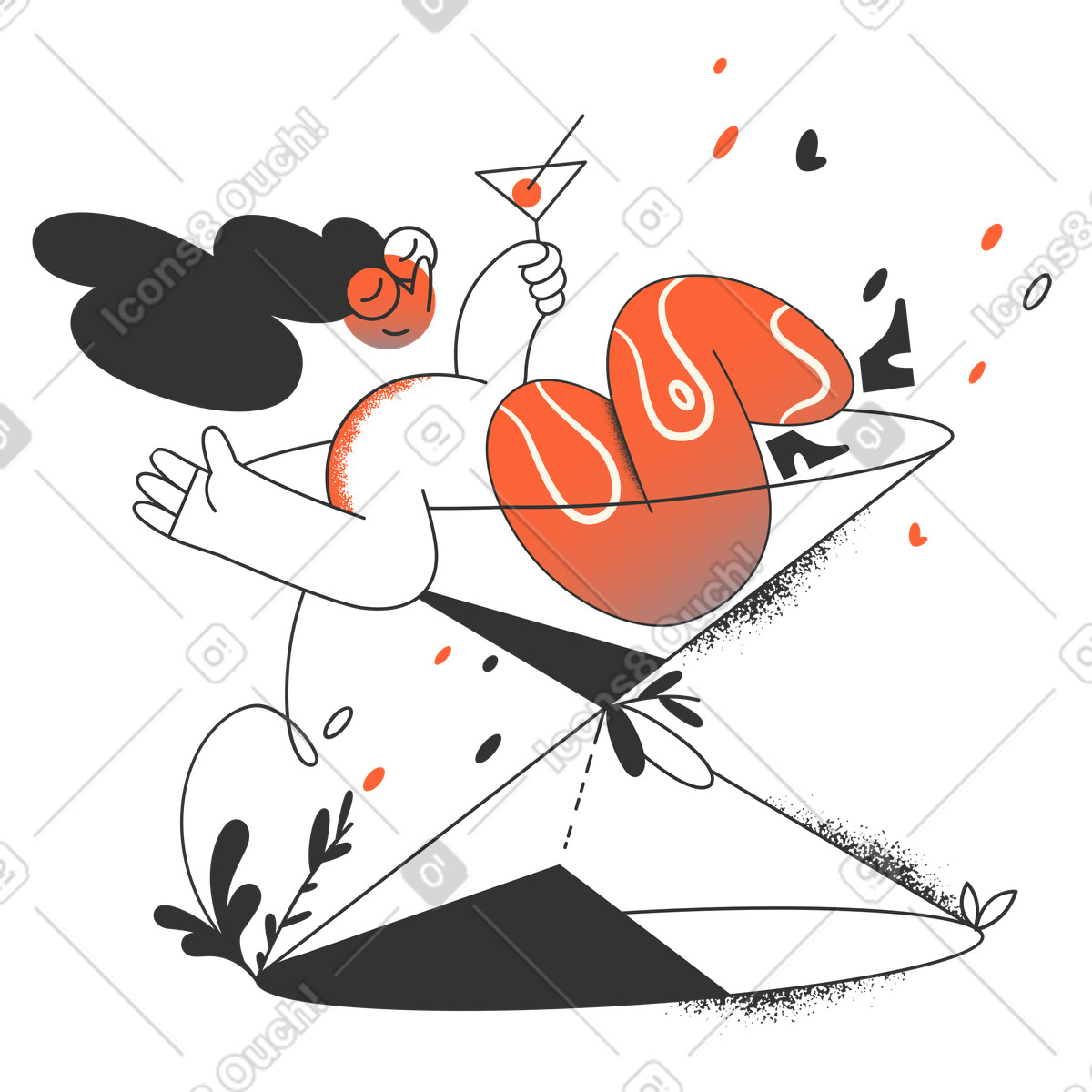 Woman chilling in hourglass with cocktail illustration in PNG, SVG