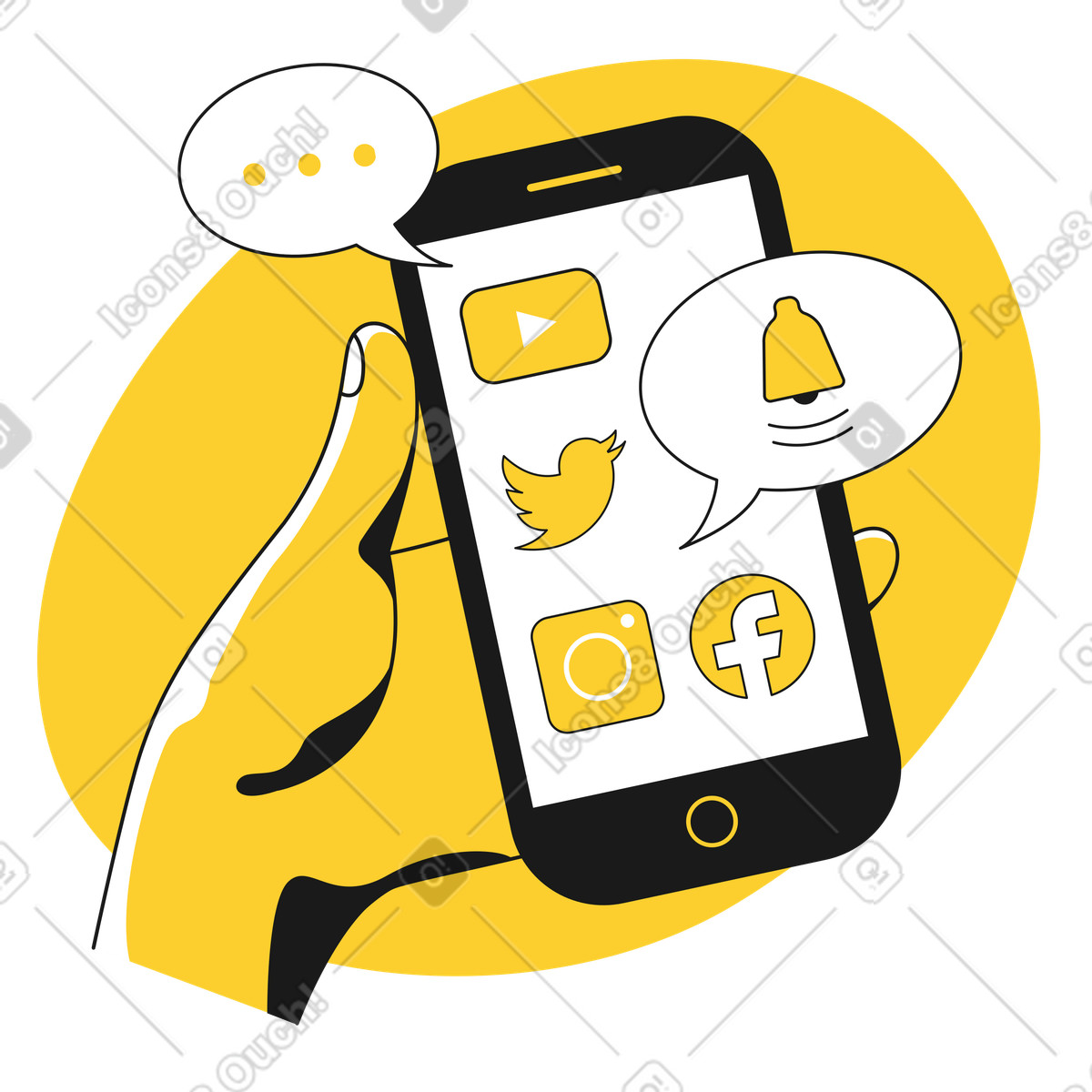 Ilustración Mano con iconos de teléfono y redes sociales en estilo Taxi a descargar en PNG SVG