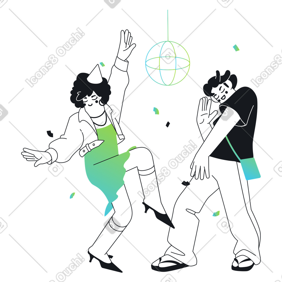 Illustration Couple dancing under disco ball, Social event and nightlife dans le style Breeze à télécharger aux formats PNG, SVG