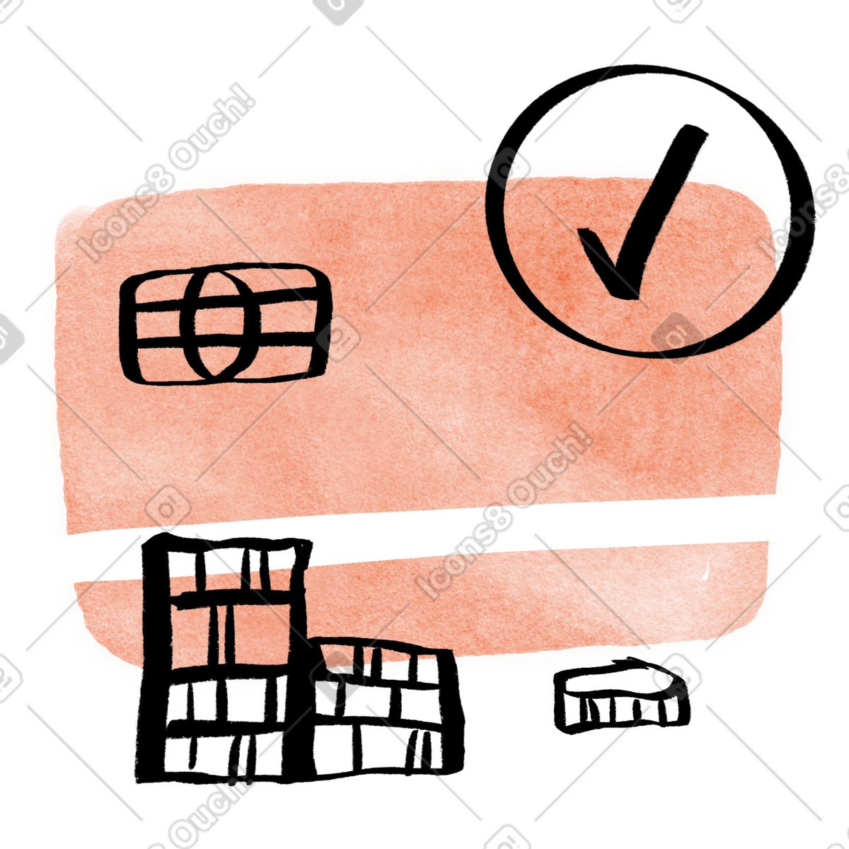 Illustration Credit card payment approved with checkmark for successful transaction completion dans le style Hand-drawn animation à télécharger aux formats PNG, SVG