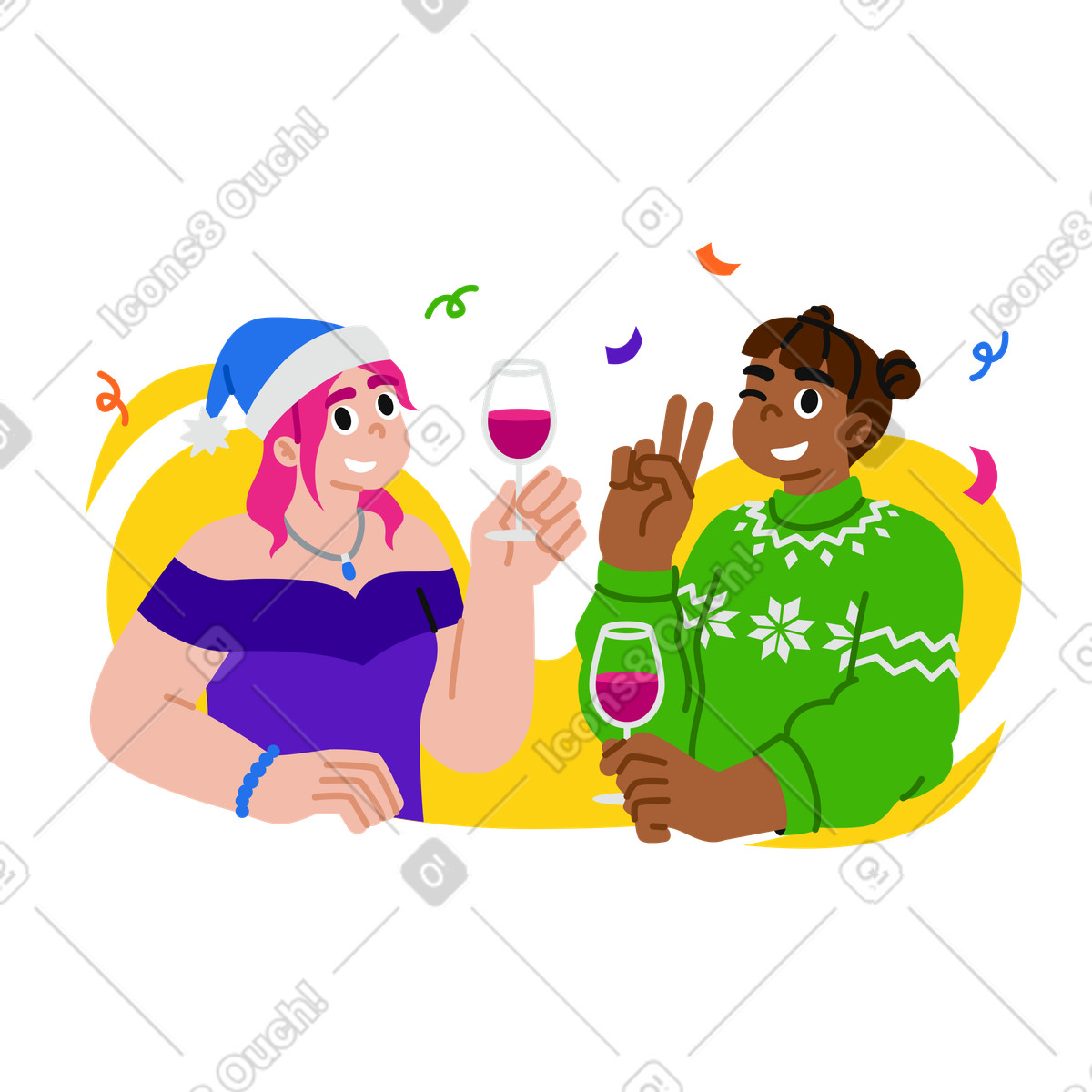 Junge frauen feiern weihnachten mit wein-Illustration im Active-Stil als Download in PNG, SVG