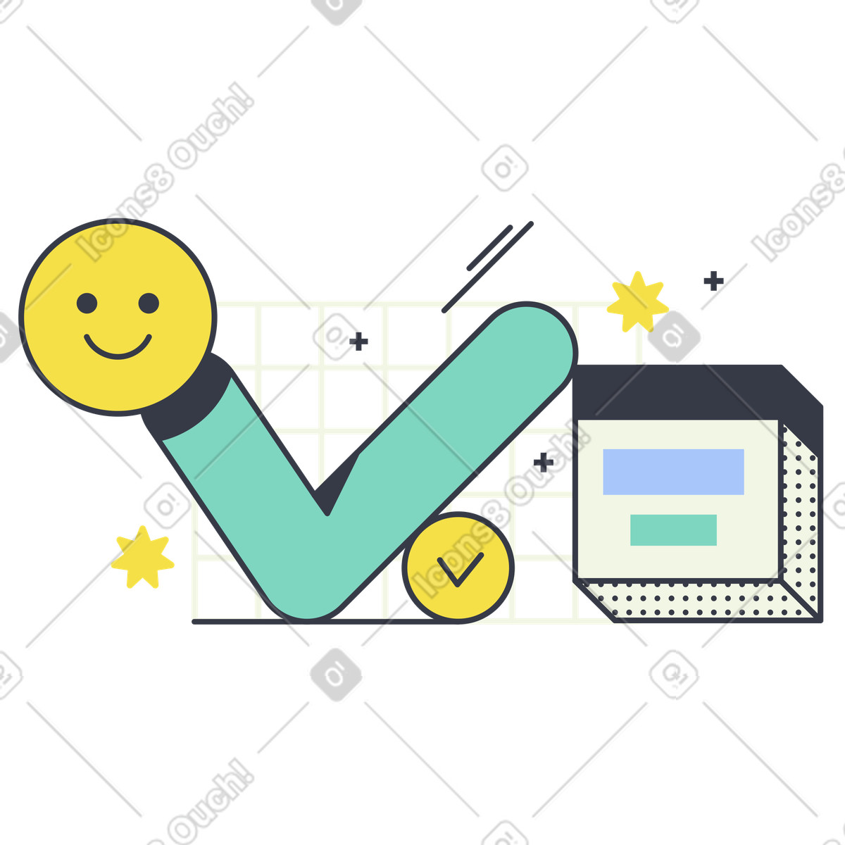 Completed task with check mark and smiley, Goal achievement and productivity illustration in Abstract style download in PNG, SVG