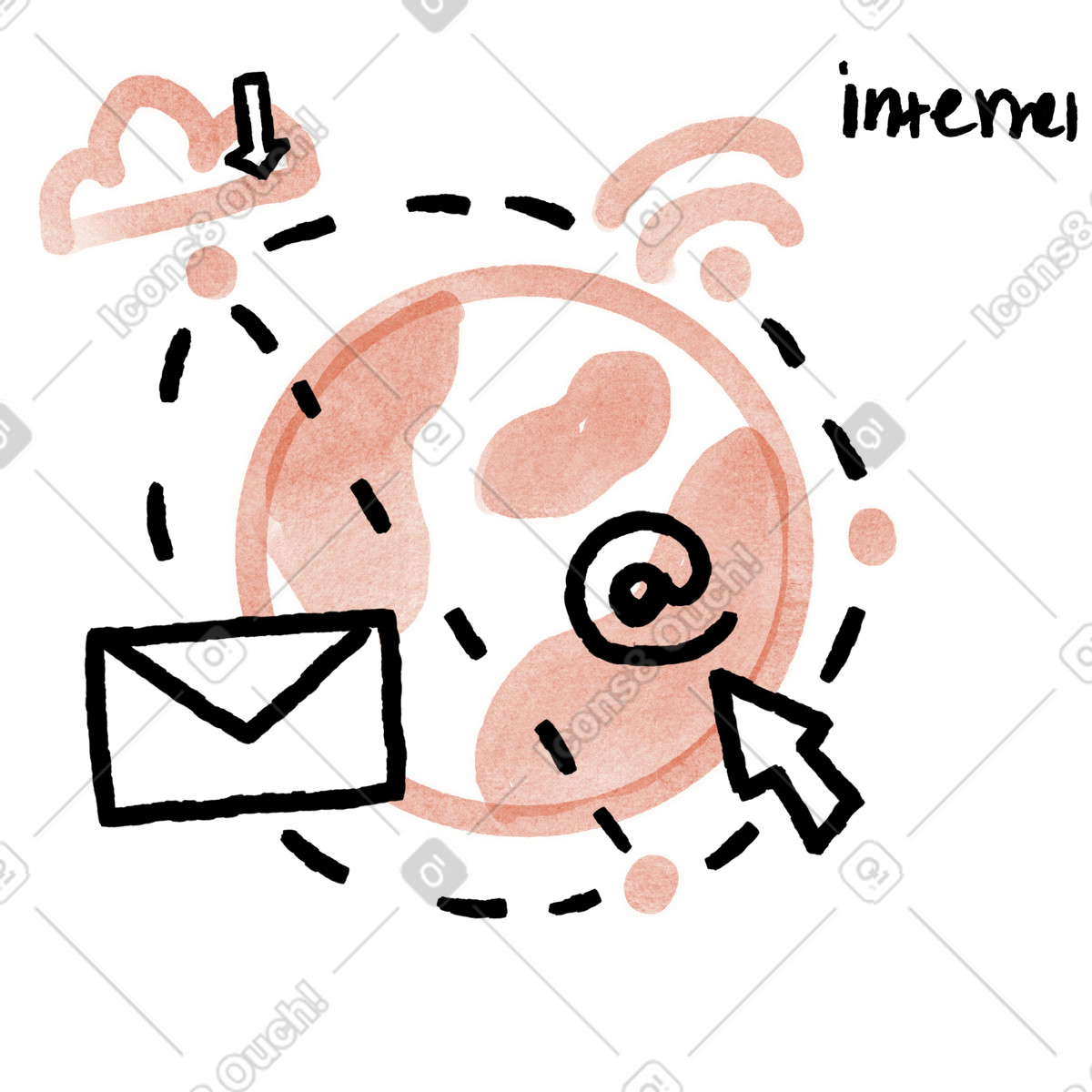 Global network communication with cloud storage and wifi illustrazione in stile Anthropic Claude Hand Drawn scarica in PNG, SVG