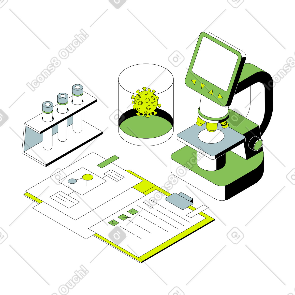 Иллюстрация Исследования covid с лабораторным оборудованием в PNG и SVG