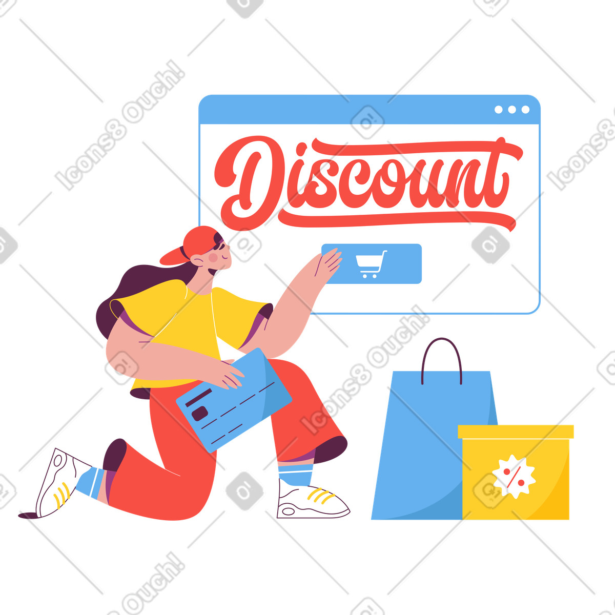 Illustration Lettrage remise dans le navigateur et femme faisant du shopping en ligne texte style Sammy à télécharger aux formats PNG, SVG