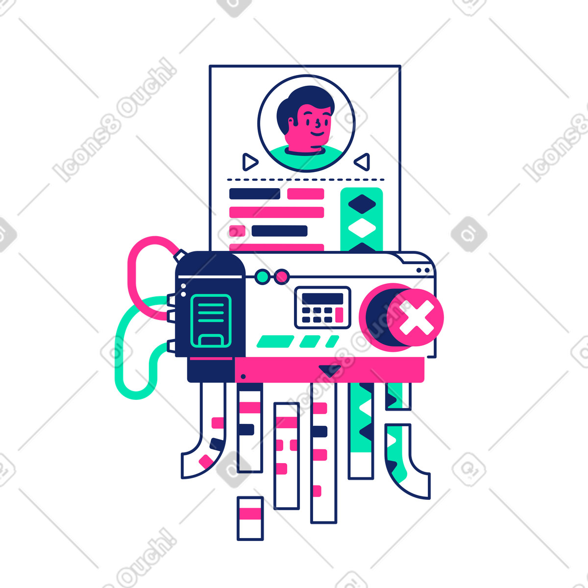 Digital shredder shredding profile data, Account removal confirmation illustration in Cyborg style download in PNG, SVG