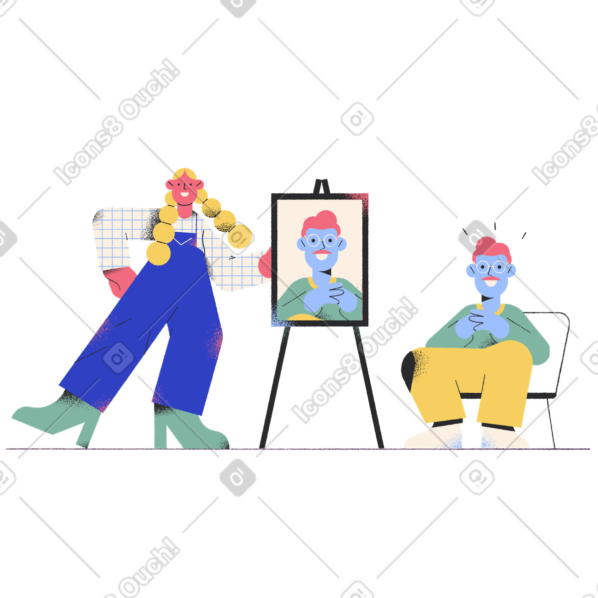 Woman showing portrait of man illustration painting clipart graphics in SVG, PNG