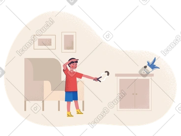 Naughty boy shooting houseplant with a slingshot PNG, SVG
