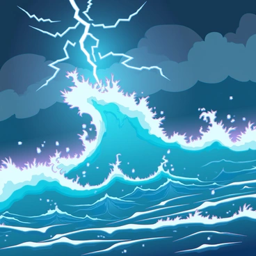 A turbulent ocean with massive waves crashing dramatically against each other. The water is churning, displaying a range of deep blues and foamy whites caused by the violent movement. A bright lightning bolt strikes the surface of the water, illuminating the dark sky above with a sharp glow. Dark clouds swirl ominously overhead, adding to the intensity of the scene. The energy and chaos of the ocean create a powerful atmosphere, while droplets of spray from the crashing waves catch the light from the lightning.