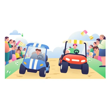 Two golf carts are racing side by side on a dirt path. The first golf cart is bright blue with white stripes, and the second cart is vibrant red with black accents. Both carts are slightly tilted, showcasing their speed as they zoom forward. On either side of the path, there is a lively crowd of spectators cheering enthusiastically. Some spectators are waving colorful banners and flags, while others are clapping and shouting in excitement. The dirt path is surrounded by patches of green grass and a few scattered wildflowers, indicating a sunny day. The sky above is clear with a few fluffy clouds drifting by.