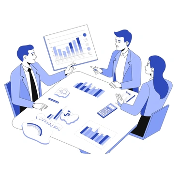 A team of professionals is gathered around a table engaged in a business valuation process. There are several charts spread out on the table, displaying various financial metrics and analyses. A few calculators are positioned next to the charts, indicating active calculations being performed. The individuals in the team are focused and discussing their findings. One person is pointing at a specific chart while another is taking notes on a notepad. The overall atmosphere reflects a serious and collaborative work environment.