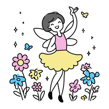 A joyful fairy with delicate wings in pastel colors is dancing gracefully among a vibrant garden of flowers. The flowers are various shades of pink, yellow, and blue, with some towering above the fairy. Surrounding her are shimmering lights, resembling tiny stars scattered throughout the garden. Butterflies in bright colors flutter around her, adding a dynamic element to the scene. The fairy has a joyful expression, her arms raised as she twirls amidst the blooms, creating a lively atmosphere.