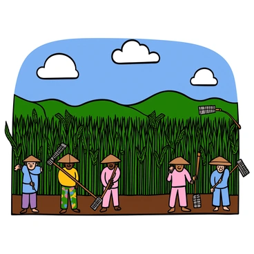 A picturesque sugarcane field in rural Maharashtra, with tall green sugarcane stalks stretching towards the sky. There are several farmers in the field, wearing traditional clothing, actively harvesting the cane with large sickles. The farmers have varying skin tones, with some wearing wide-brimmed straw hats to shield themselves from the sun. Above them, the sky is bright blue with a few fluffy white clouds scattered across. In the background, there are lush green hills and a distant view of a small village nestled among the landscape.