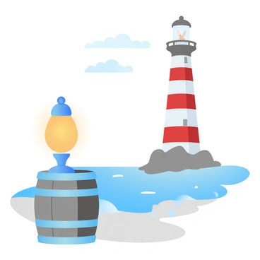 An oil lamp is resting on a wooden barrel, casting a warm glow. The barrel is situated near a tall lighthouse that rises prominently against the backdrop of a clear sky. The lighthouse has bold red and white stripes, creating a striking contrast with the blue ocean in the distance. Waves can be seen gently lapping at the shore, reflecting the light from the lamp. A few seagulls can be spotted flying near the top of the lighthouse. The scene captures a tranquil coastal atmosphere.