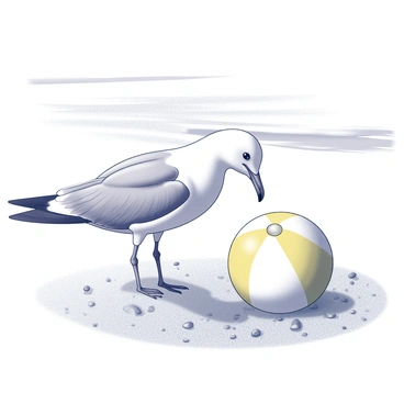 A seagull is perched on the sandy beach, its beak extended towards a beach ball resting on the ground. The beach ball is brightly patterned, displaying alternating sections of yellow and white. The seagull has a curious expression, its head tilted to one side as it investigates the object in front of it. The sand is textured and uneven, with small pebbles scattered around. In the background, gentle waves can be seen lapping at the shore, completing the beach scene.