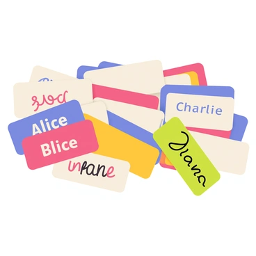 A colorful stack of name tags in different colors, including red, blue, yellow, and green. Each name tag has a unique design, featuring names like "Alice", "Bob", "Charlie", and "Diana" written in various fonts and styles. Some names are in bold, while others are in cursive or playful handwriting. The tags are slightly overlapping, creating a layered effect, with a few tags angled to show off their distinct styles.