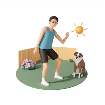 A person, wearing a bright blue tank top and black shorts, is performing hip circles in a green backyard. They have a focused expression on their face, with one arm raised while the other is bent at the side. Nearby, a playful brown dog with white paws is sitting on the grass, tilting its head to the side, looking curiously at the person. The sun is shining brightly, casting soft shadows on the ground. The backyard is surrounded by a wooden fence and there are a few colorful flowers blooming nearby.
