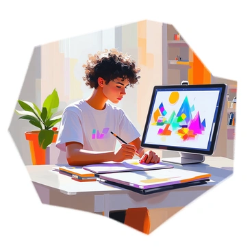 A digital artist with medium skin and curly dark hair is seated at a modern desk, focusing intently on their tablet. They are wearing a casual t-shirt with a creative design. The tablet screen displays colorful and intricate imaginative creations, including abstract shapes and fantasy landscapes. The background features shelves with art supplies and a potted plant, enhancing the artistic atmosphere of the workspace. The artist's hand is poised above the tablet, holding a stylus, ready to bring their next idea to life.