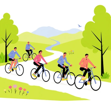 A group of five people riding bicycles along a winding path through a green landscape in Fulda. The cyclists are wearing bright, casual clothing, and some are smiling and chatting while pedaling. Lush trees line the path, and colorful flowers bloom along the sides. In the background, a clear blue sky stretches over rolling hills. A small river flows gently nearby, adding to the serene atmosphere. A few birds can be seen flying above, completing the lively scene of a leisurely bike ride.