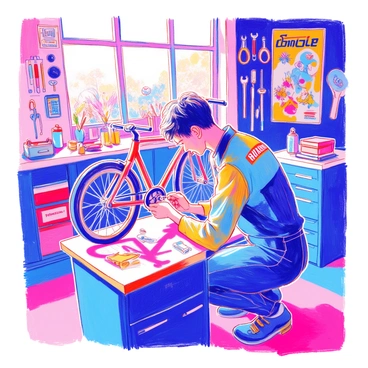 A mechanic is crouched down, carefully fine-tuning an electric bike on a workbench. The mechanic has short dark hair and is wearing a blue jumpsuit with patches showing various bike brands. The bike is sleek and modern, with visible wiring and digital components. Around the workshop, there are various tools hanging on the walls, including wrenches, screwdrivers, and a toolbox. In the background, other mechanics are working on bikes, and a vibrant poster of cycling events is visible on one of the walls. A large window lets in natural light, illuminating the scene.