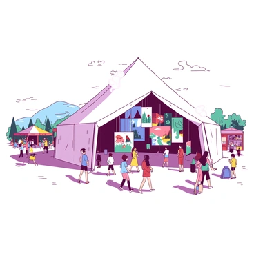 A large tent with a white canopy stands in the middle of festival grounds. Inside the tent, various colorful illustrations are hanging from above, suspended on strings that stretch across the interior. The illustrations feature a mix of abstract designs and nature scenes, creating a vibrant atmosphere. Festival-goers of different ages are walking through the tent, admiring the artwork. Soft light filters through the tent’s fabric, casting gentle shadows on the ground. The surrounding festival grounds are filled with colorful booths and people enjoying various activities.