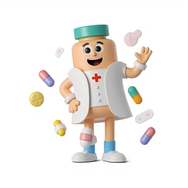 A cartoon mascot representing a pharmacy, designed to appeal to children