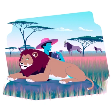 A photographer with dark skin and wearing a wide-brimmed hat is crouched behind a bush, focusing on a majestic lion in the foreground. The lion, with a thick mane and piercing golden eyes, is resting on a rock, its powerful physique highlighted by the warm sunlight. The African savanna stretches out behind them, with tall grasses swaying gently in the breeze and acacia trees dotting the landscape under a clear blue sky. The photographer's camera is poised, capturing the moment with intent, as a few distant wildebeests graze in the background.