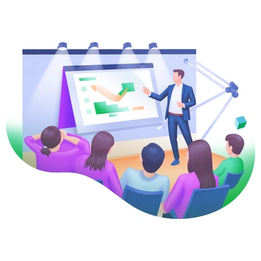 A modern pastel illustration depicting an "entrepreneur" standing confidently on a stage, delivering a presentation at a "technology conference." The entrepreneur is wearing a smart suit and gesturing towards a large screen displaying a graph or technological innovation. In front of the stage, a diverse audience of "interested listeners" is seated, attentively looking towards the speaker. The room is filled with spotlights and the atmosphere conveys a sense of excitement and engagement.